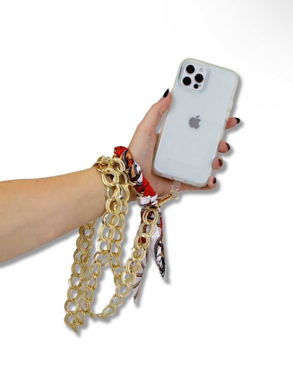 HelloLux Gold Crossbody Chain with Red Patterned Scarf for Phone  *NEW*